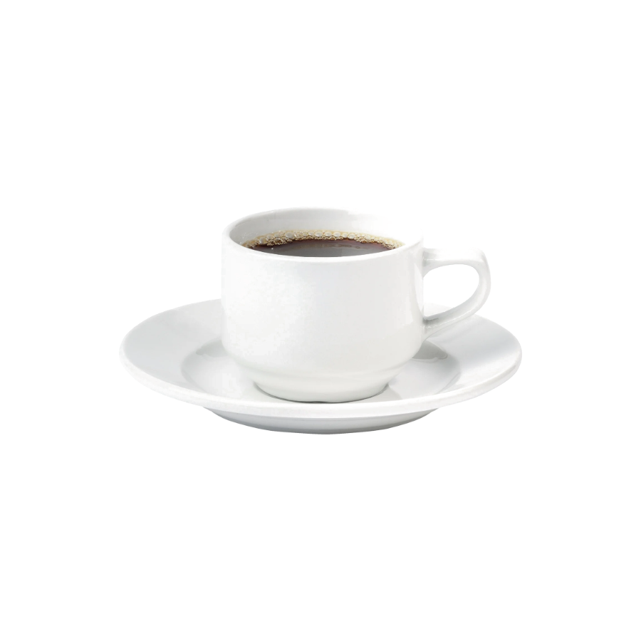 Hvit kaffekopp med skål til leie – vask inkludert
