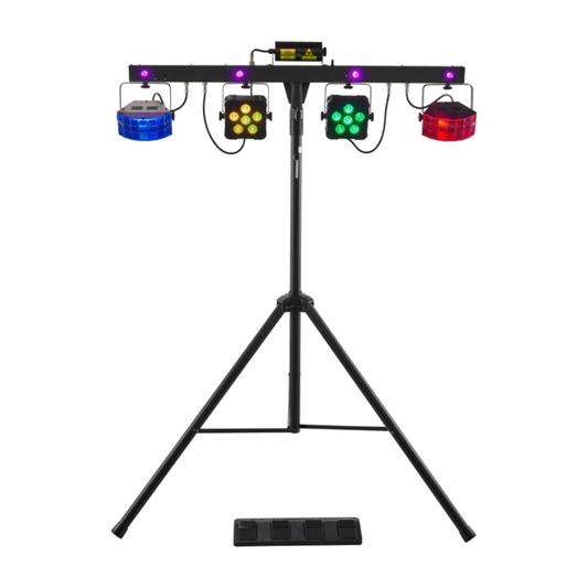 Partylys på stativ til leie – Stairville BossFX-1 Pro med LED, derby, laser, strobe og UV